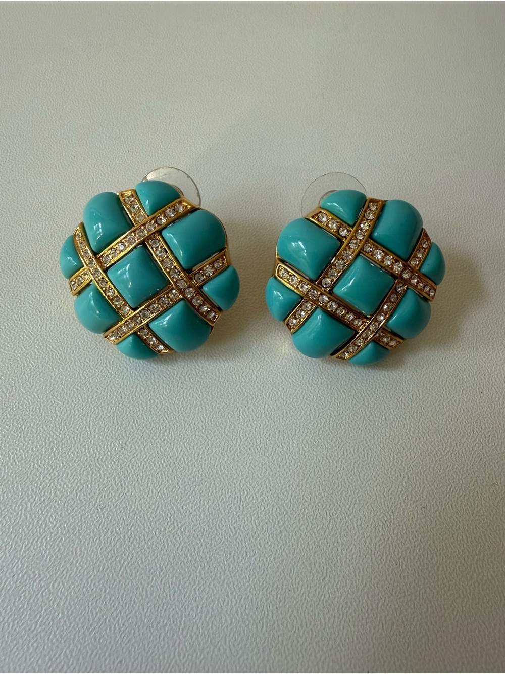 Turquoise Enamel Button Earrings with Gold & Crystal Accents
